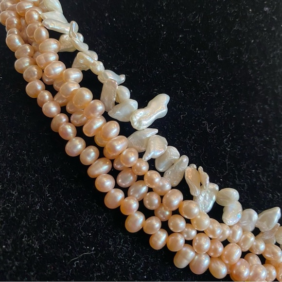 Freshwater Pearl Multistrand Necklace Abalone Shell Flower Clasp Sterling Silver - Picture 9 of 16